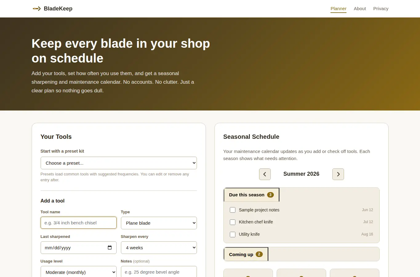 Screenshot of Tool Sharpening and Maintenance Schedule interface showing the project page in use